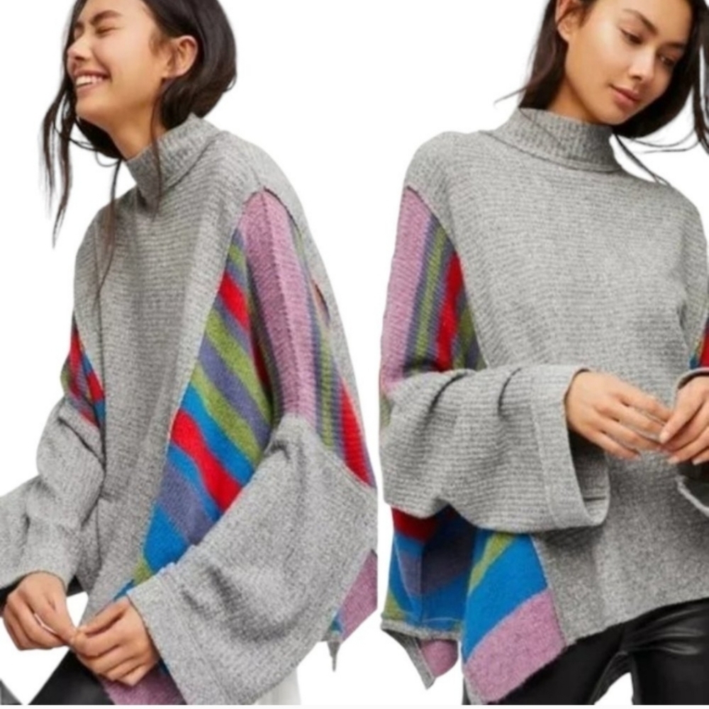 Free People Susie Swit Bell Sleeves Sweater XS Oversized OB664918 Gray Multicolo - Picture 12 of 12